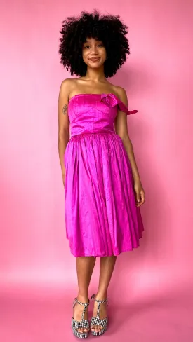 1980s Fuchsia Silk Bow Dress, sz. XS