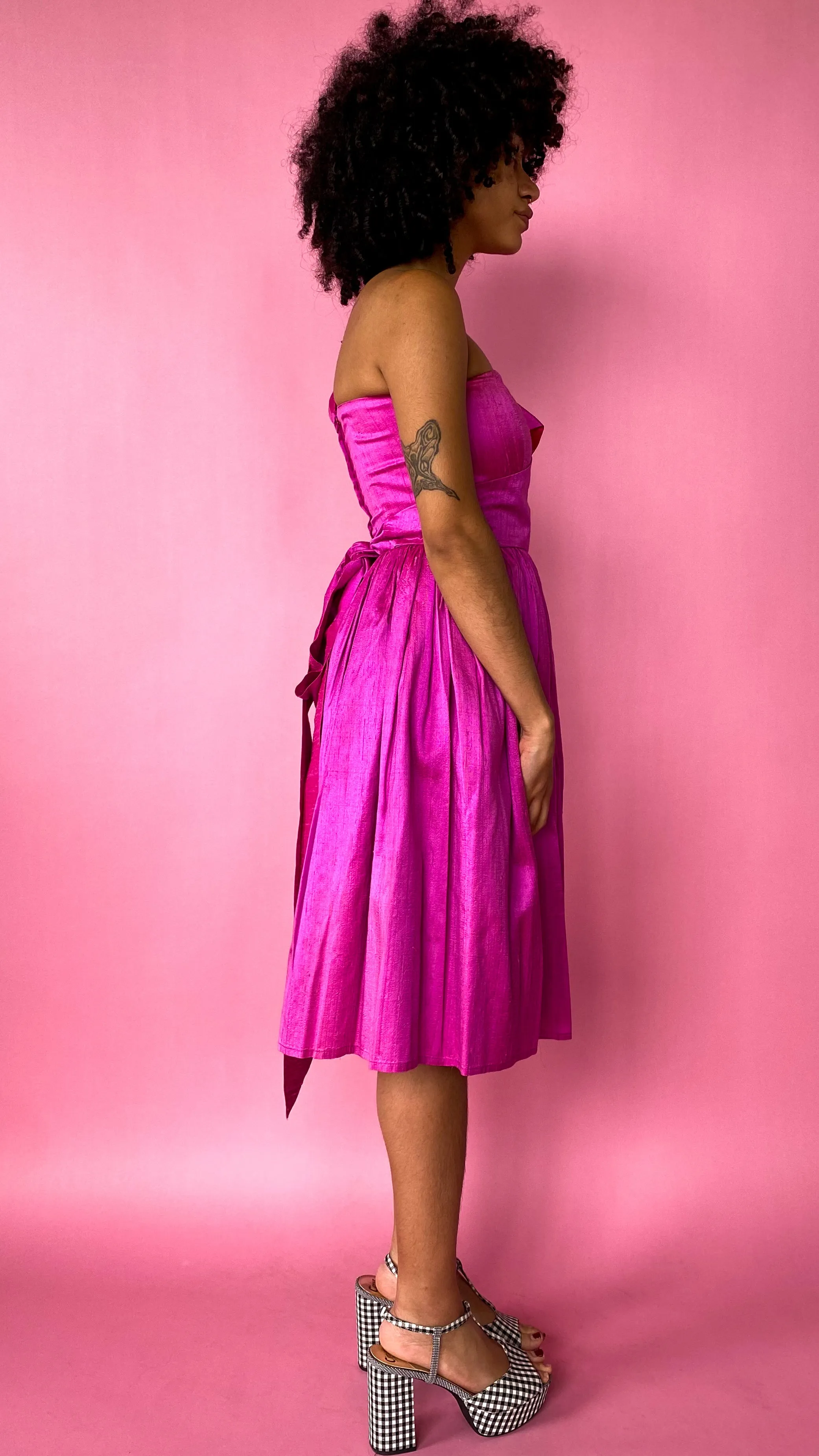 1980s Fuchsia Silk Bow Dress, sz. XS