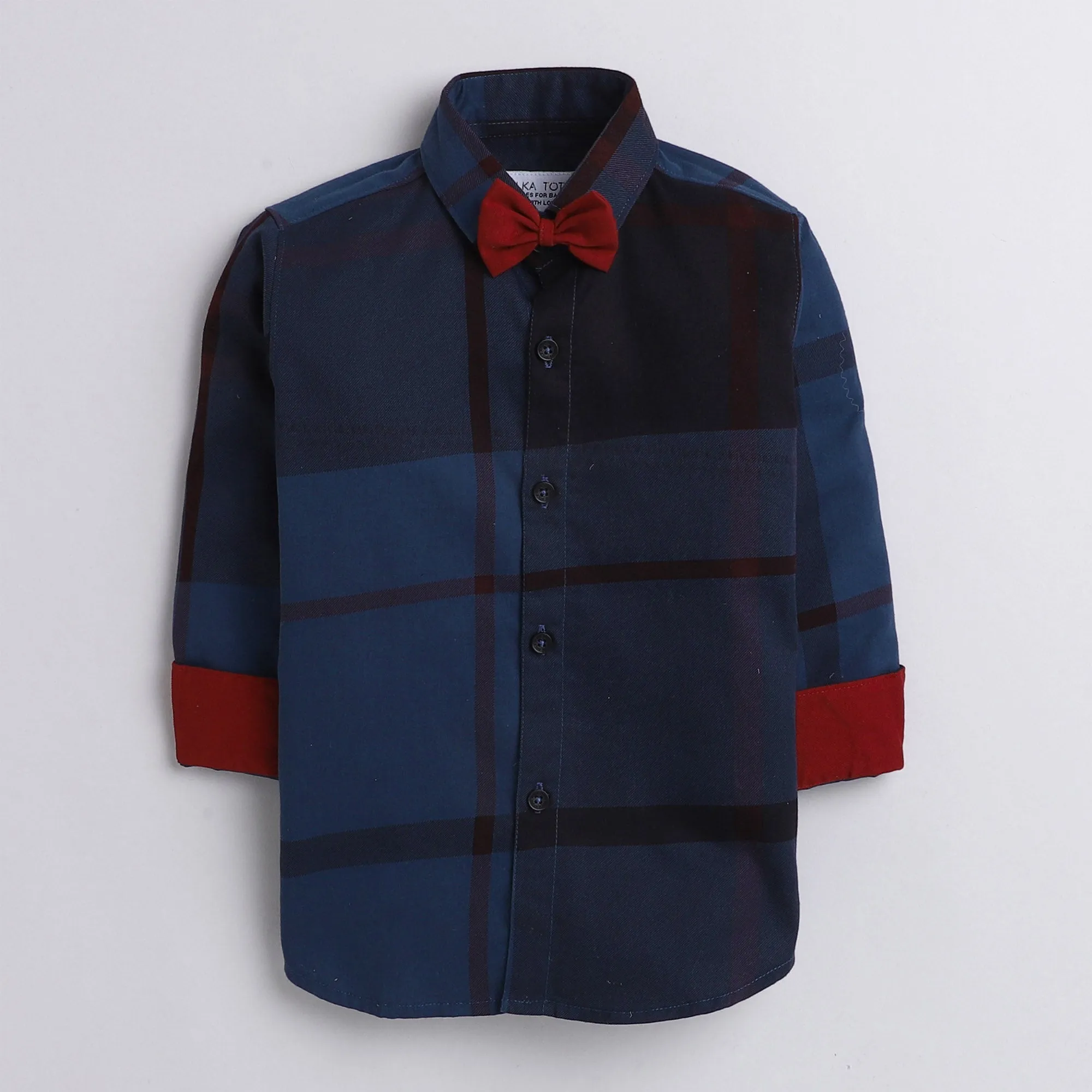 Polka Tots big checks red bow tie shirt -  Blue