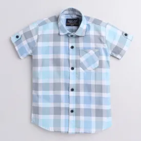 Polka Tots Half Sleeve Super Soft Cotton Checks Shirt With Roll Up Sleeve - Blue & Grey